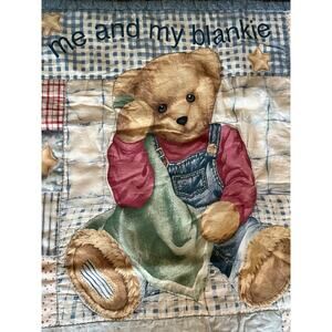 VTG Blue Jean Teddy Bear Baby Blanket Nursery Crib Quilt Handmade 33"x43" EUC
